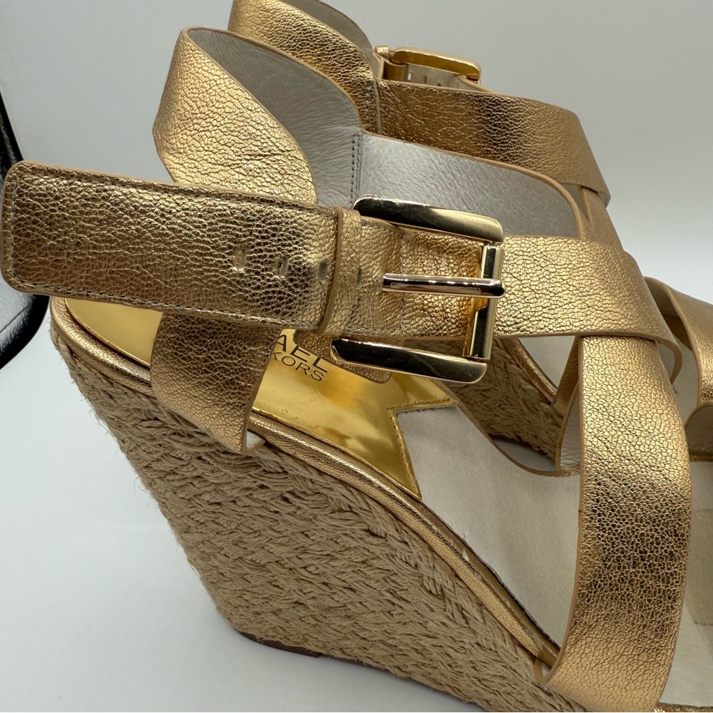 Michael Kors Metallic Gold Wedge-Platform Ankle Strap Espadrilles Size 11M - Picture 16 of 16